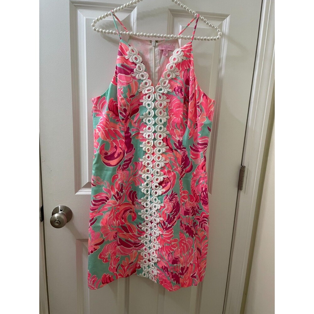 Lilly Pulitzer Pearl Poolside Blue Love Birds Lace Detail Shift Dress $198 SZ 10